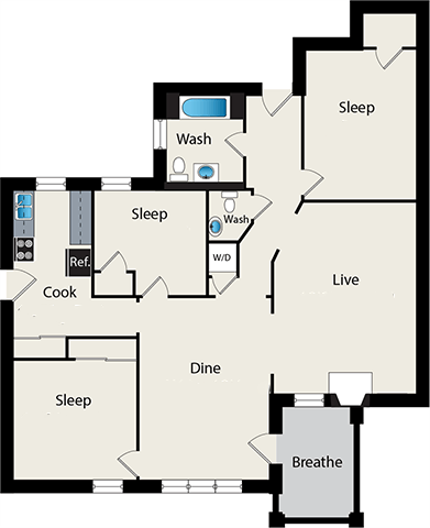 Three bedroom floor plan at reside on irving park